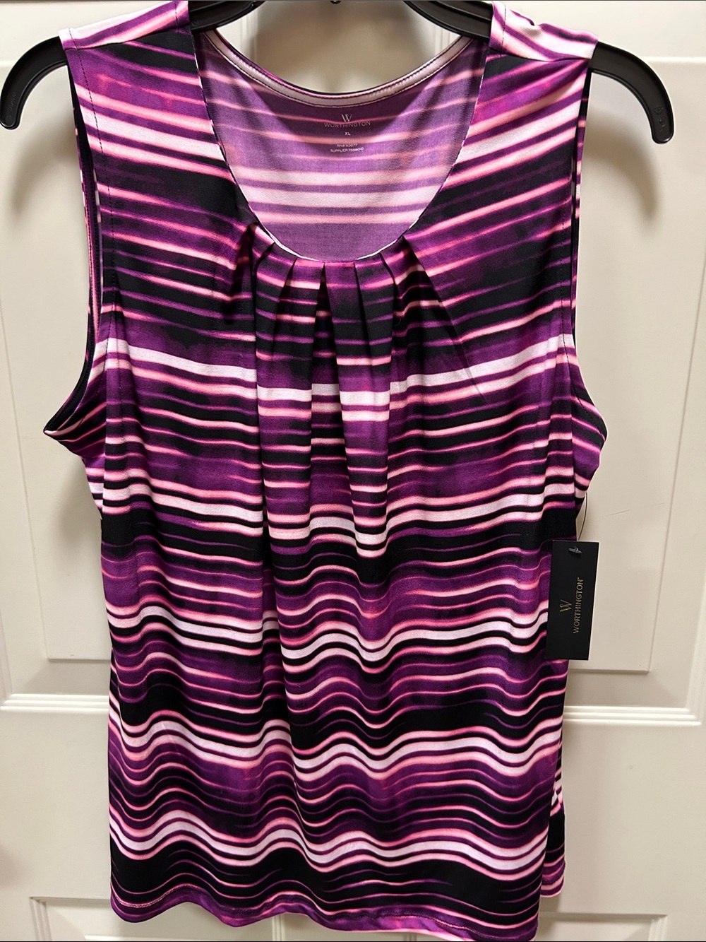 Worthington Purple and Black Striped Pleat-Front Tank